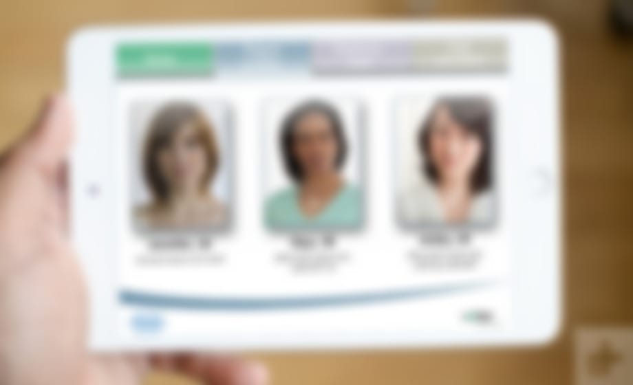 Hand holding a tablet showing three patient profiles to choose between