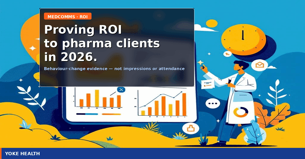 Article header illustration captioned 'Proving ROI to pharma clients in 2026.', showing a clinician beside rising charts