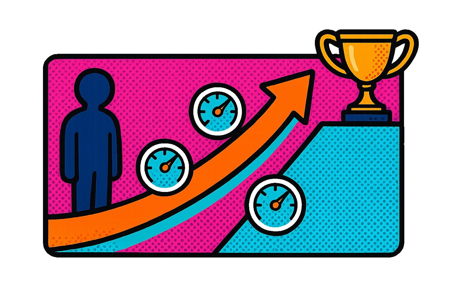Pop-art distance travelled journey: HCP figure at baseline rising along a measurement path through three gauges to a trophy at L5 outcome — Yoke Health
