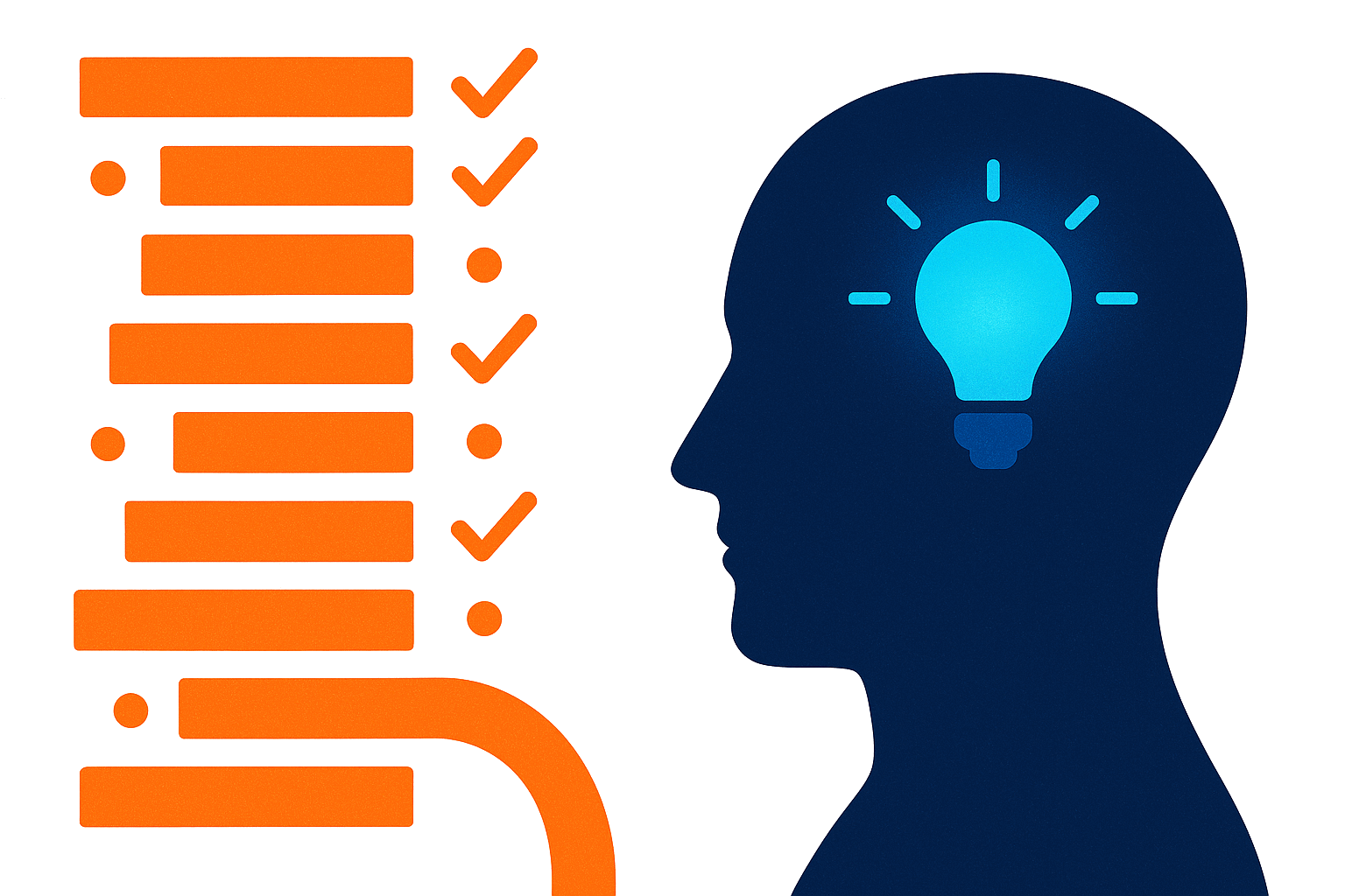 A checklist of ticked-off activity items beside a silhouetted head with a glowing lightbulb, contrasting activity with understanding