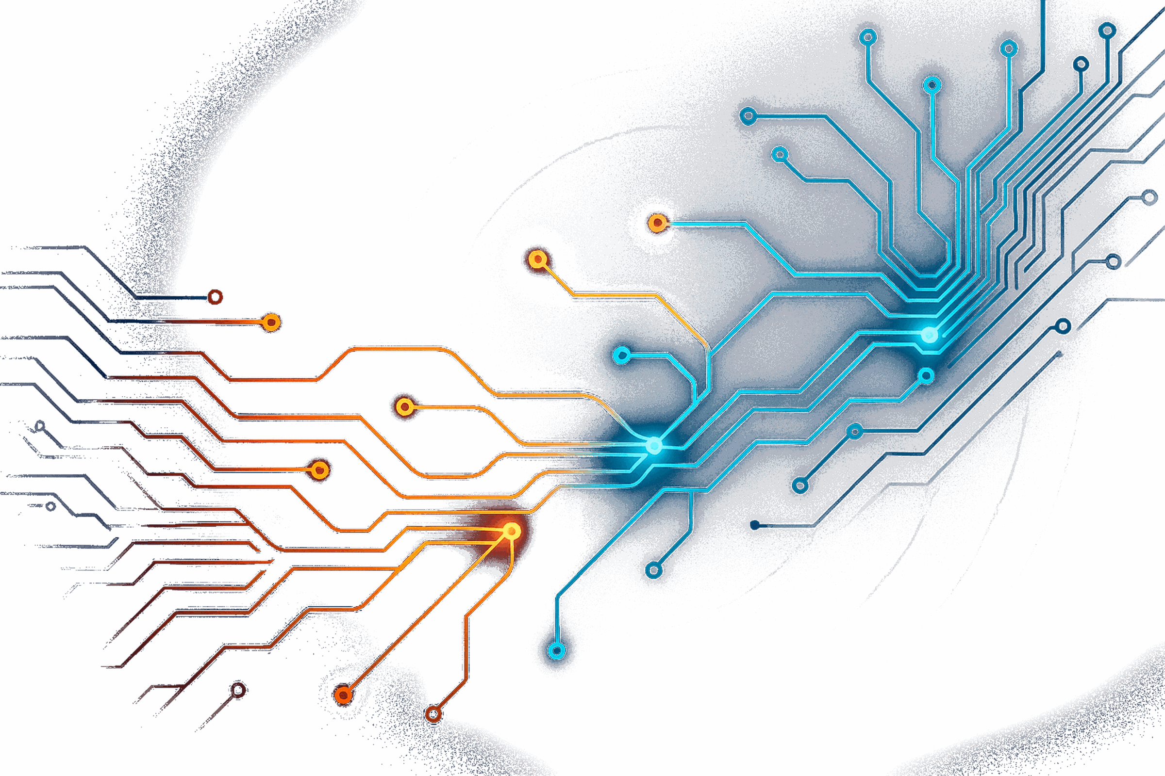 Circuit-board traces in orange and blue converging into glowing connection points