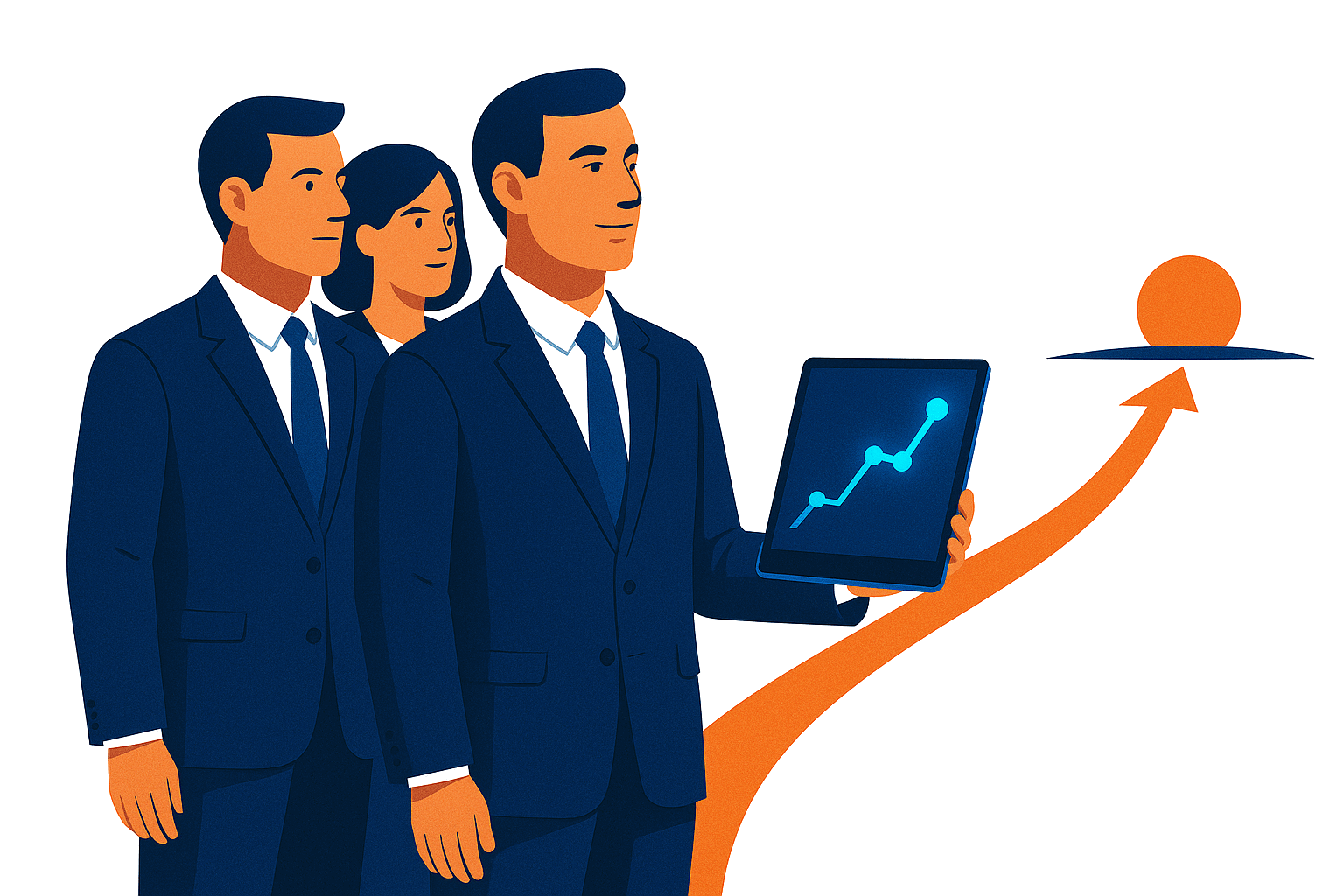 A biotech launch team in suits, one holding a tablet showing a rising trend line, beside an orange arrow curving upward