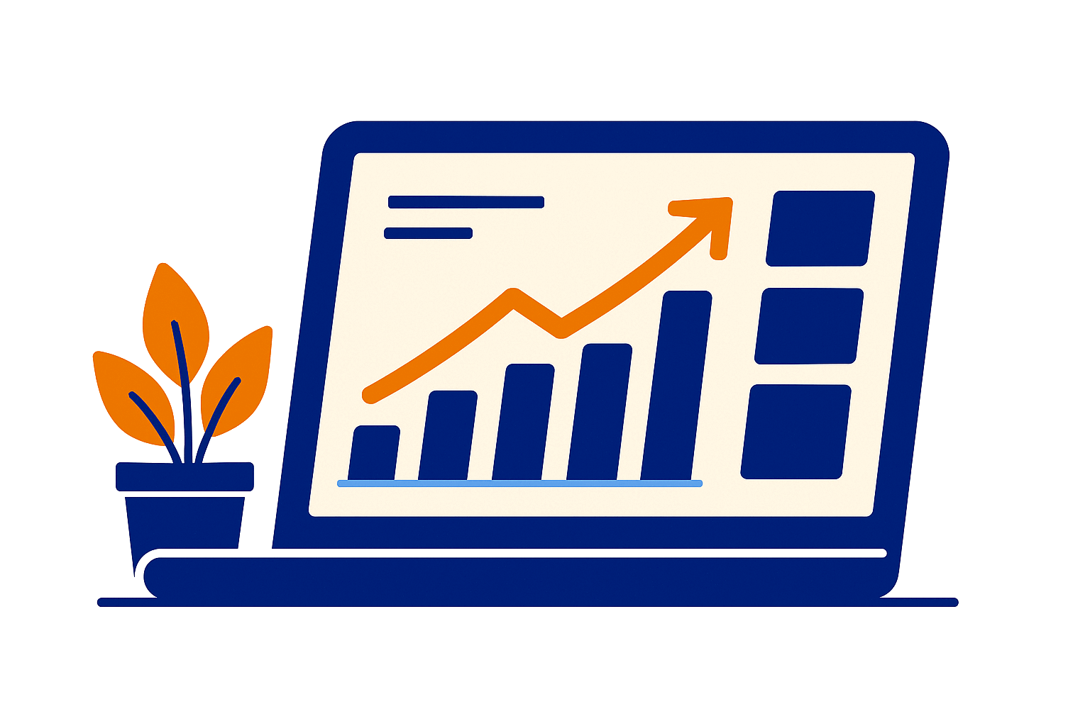 A laptop displaying a rising bar chart and an upward trend arrow, representing a proof dashboard
