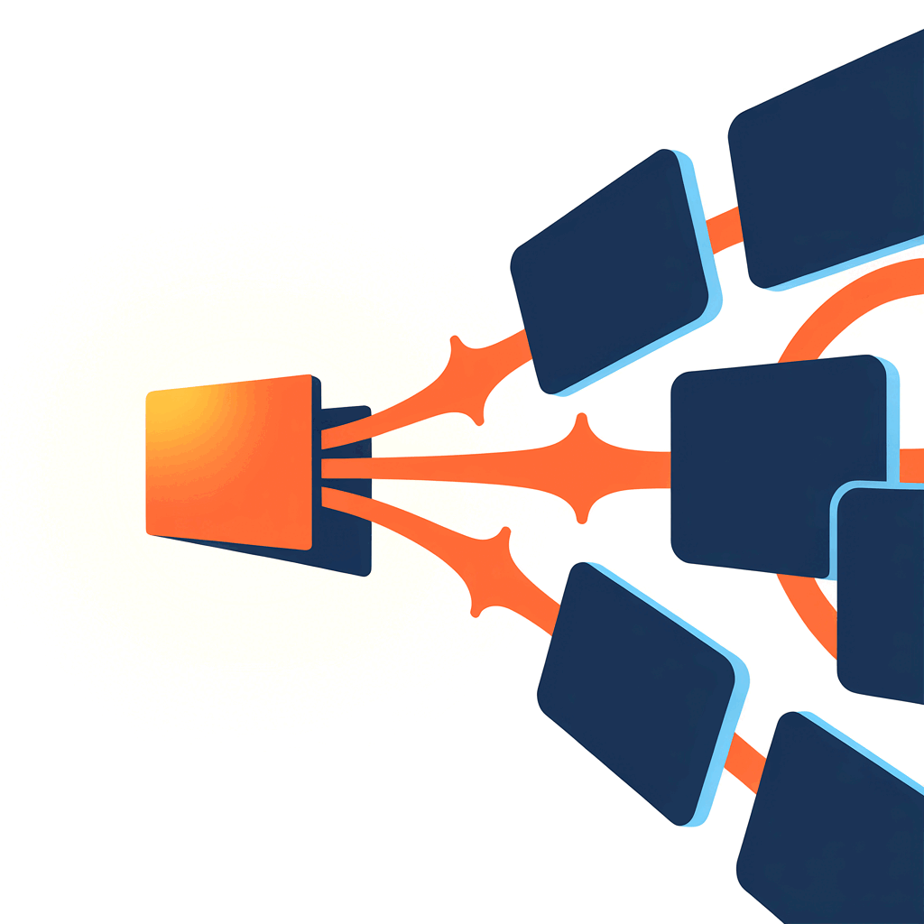A single orange card fanning out into many navy cards, representing content scaled across markets