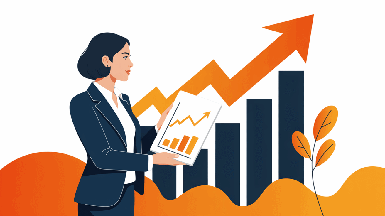 A businesswoman holding a proof report with a rising chart, in front of a large orange upward arrow and bar chart