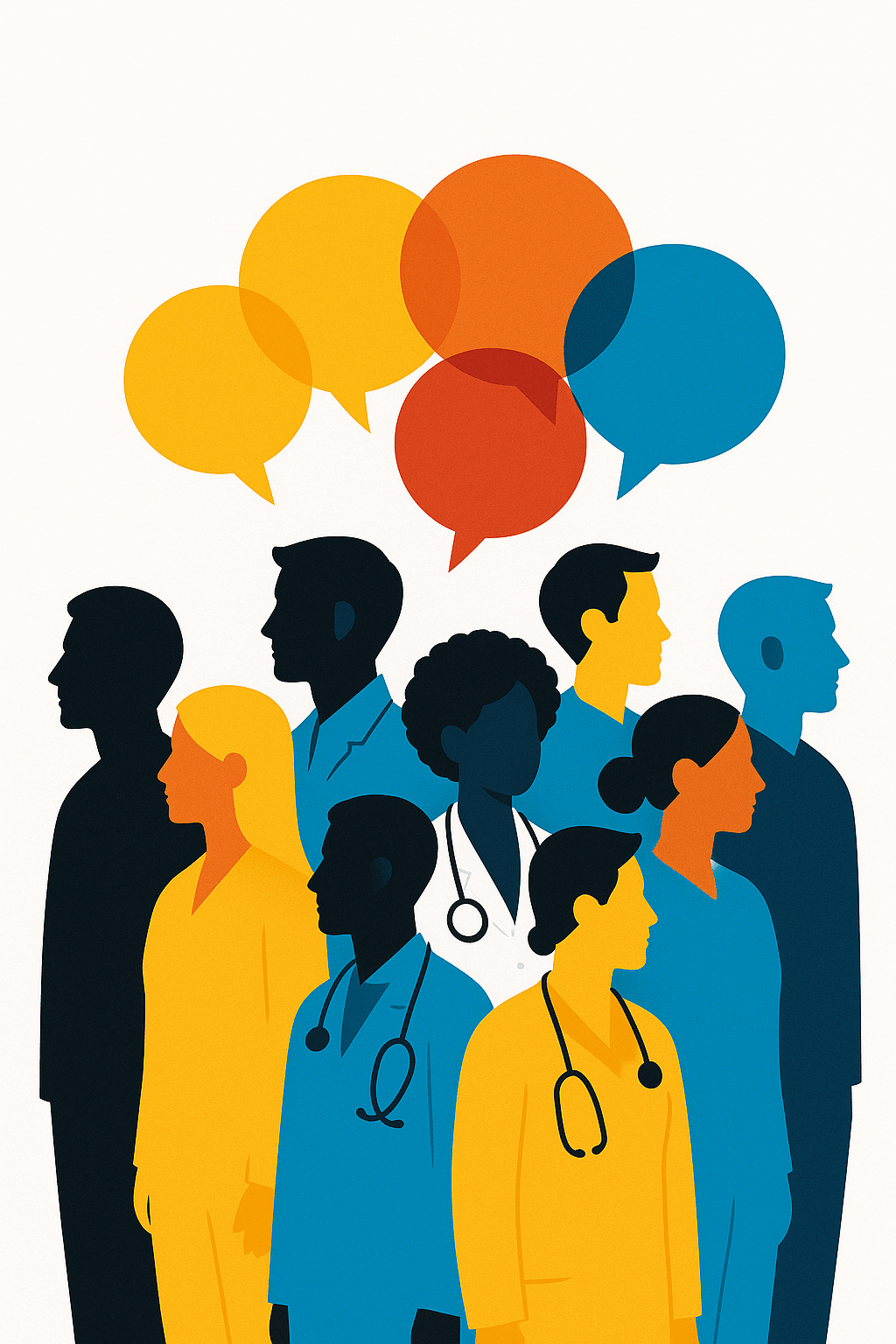 Diverse healthcare content publishers with colourful speech bubbles