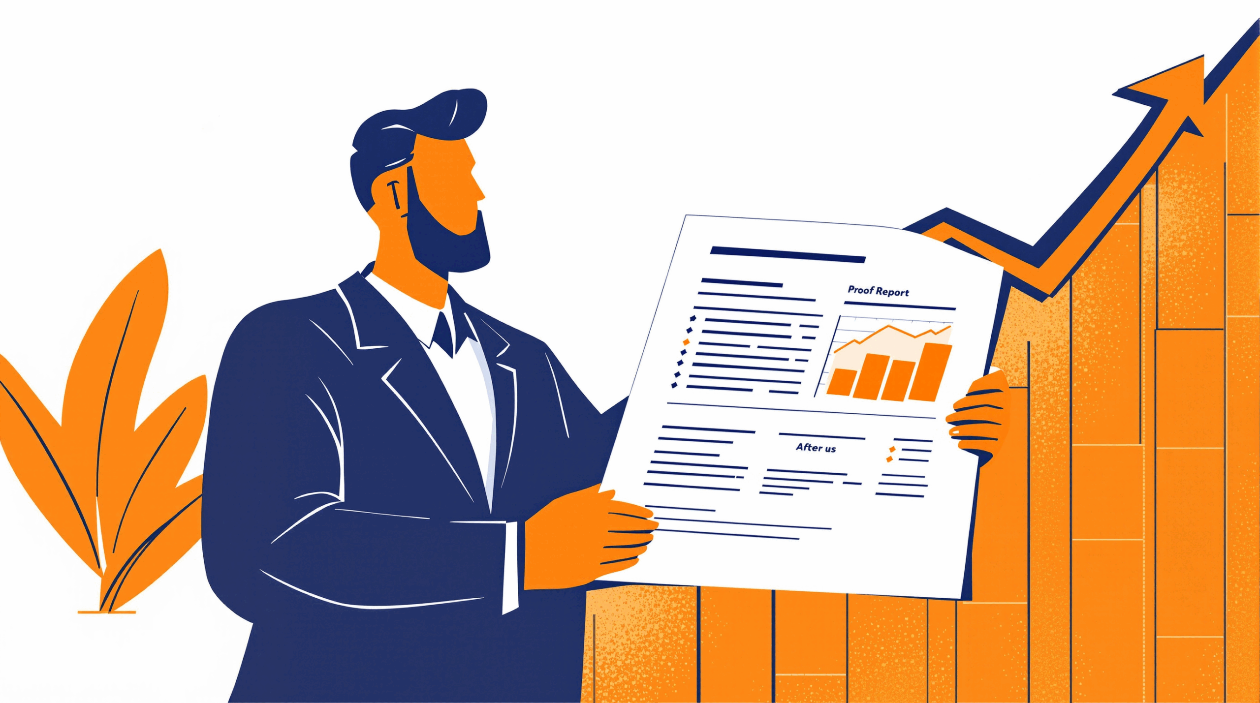 A bearded man in a navy suit holding a Proof Report showing before-and-after charts, in front of a rising orange bar chart
